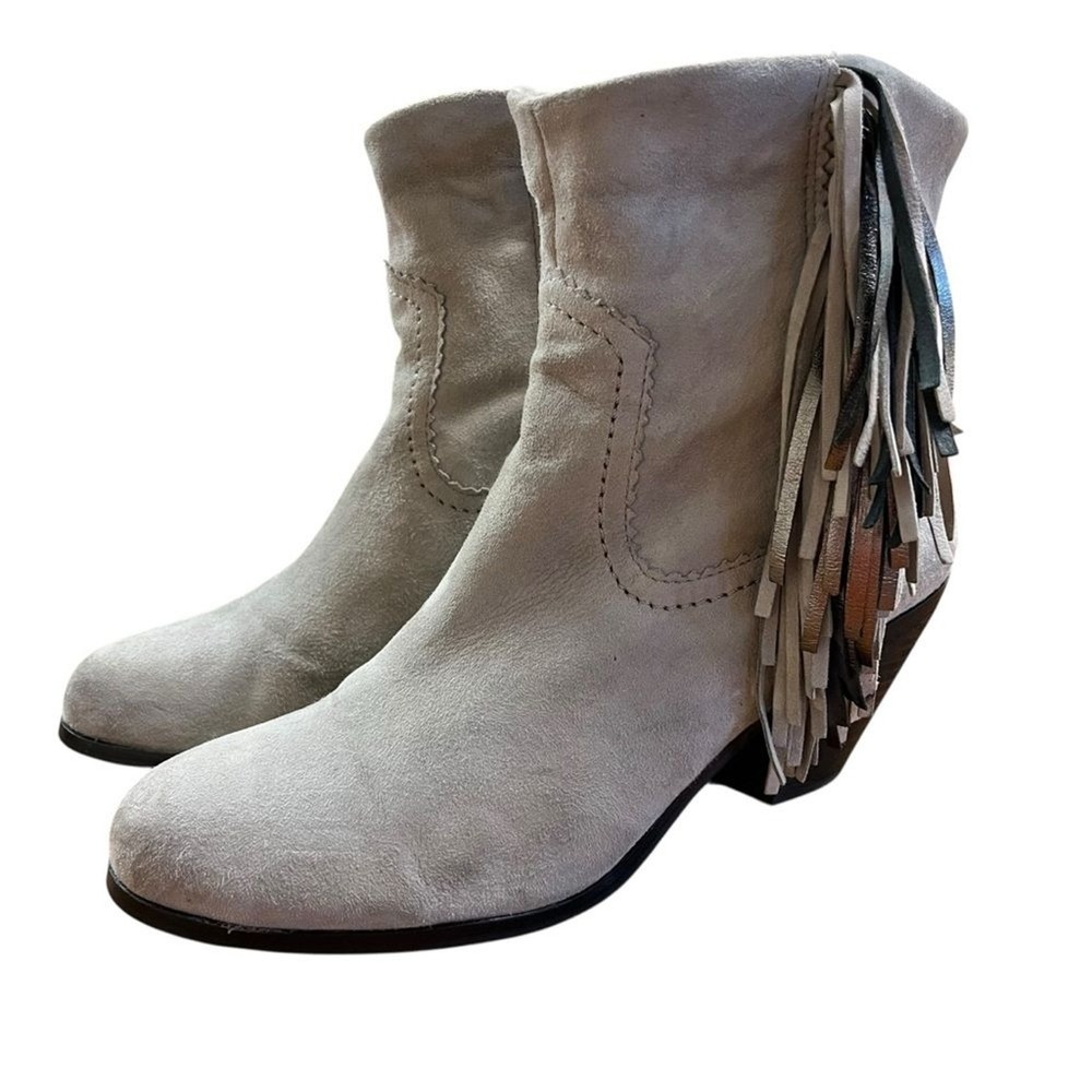 SAM EDELMAN Louie Fringe Western Ankle Boots 9 Gray Suede Cowgirl Cowboy Concert